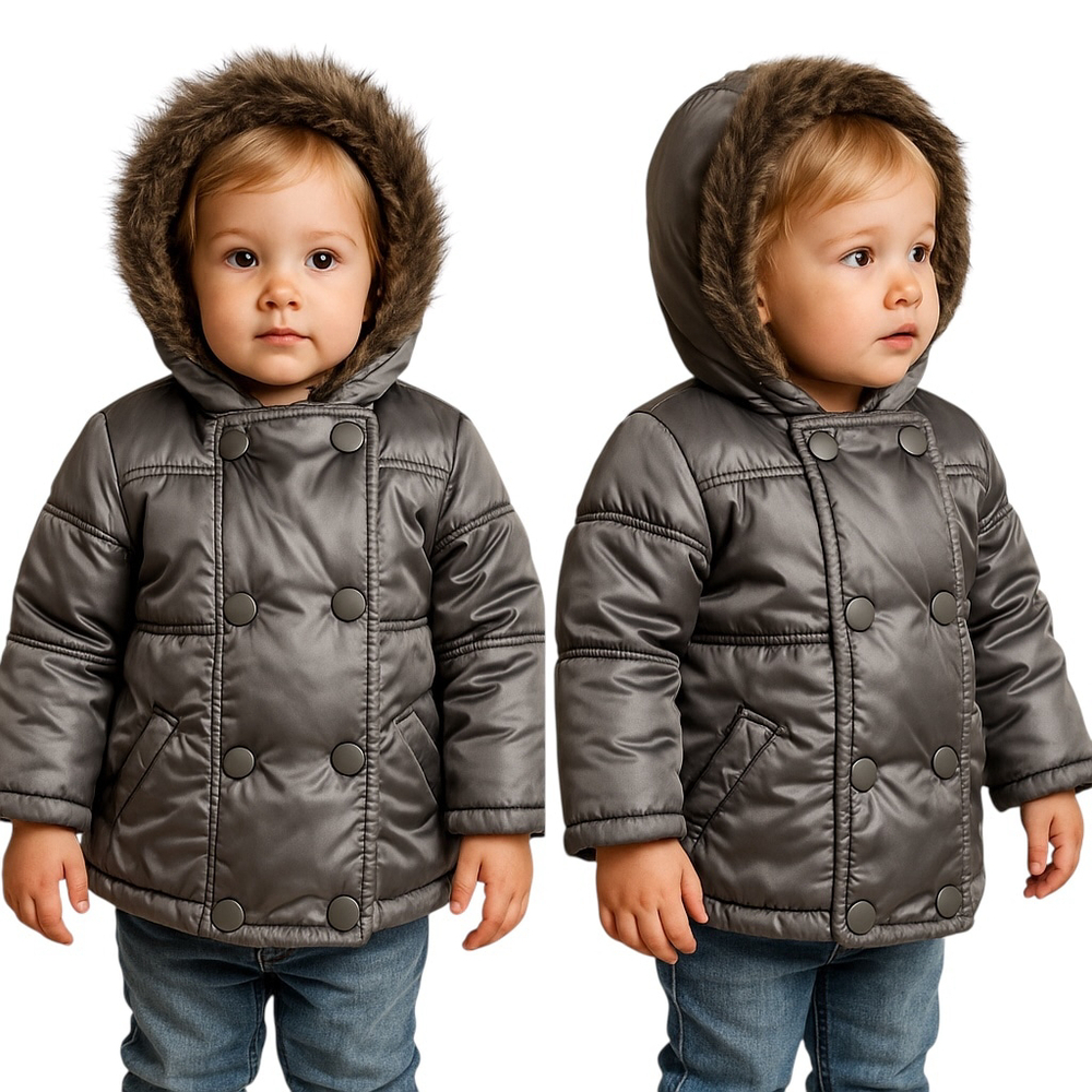 Gymboree Puffer Coat Jacket Toddler 2T–3T Gray Faux Fur Hood Fleece Lined Winter